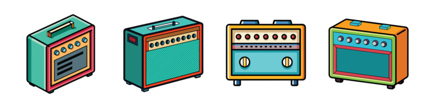 Cartoon illustrations of colorful guitar amplifiers-Set of cartoon-style guitar amplifiers in bright colors, representing music equipment, rock concerts, sound systems, and musical instrument accessor