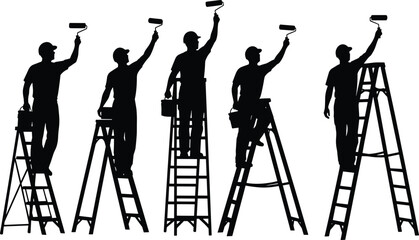 Painter silhouettes on ladders, DIY home improvement vector, paint roller and bucket icons, maintenance workers clipart, black illustration set © IconicCreations