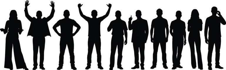 Standing pose silhouette set, diverse human gestures and stances, black vector illustration, lifestyle icons, communication clipart, social behavior graphics