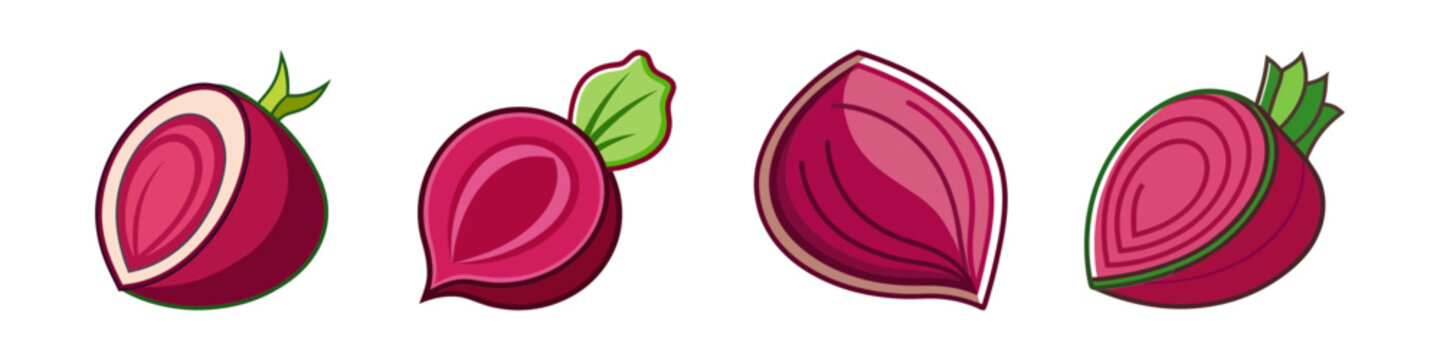 Cartoon beetroot and onion vegetable illustrations-Set of cartoon style red beets and onions in sliced and whole forms, ideal for food design, cooking graphics, and healthy concepts.