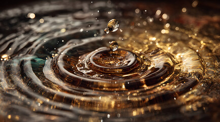 An extreme macro view of a singing bowl's vibration creating bouncing water droplets and ripples, demonstrating sound physics and energy