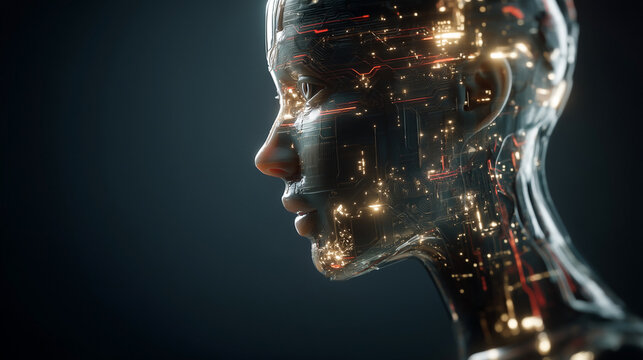 Gray reflective cyborg shows circuit pattern, creating hi-tech aesthetic. For digital branding, technology videos, or futuristic social media.