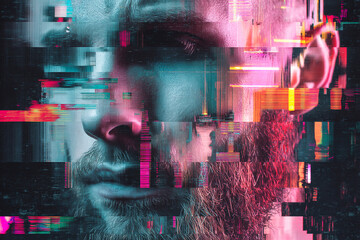 Teal and pink glitch art shows facial features, creating a digital noise effect. Ideal for album artwork, digital posters, or tech-focused branding.