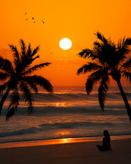 A serene beach scene at sunset with silhouetted palm trees, gentle waves, and a person sitting on the sand, creating a peaceful atmosphere