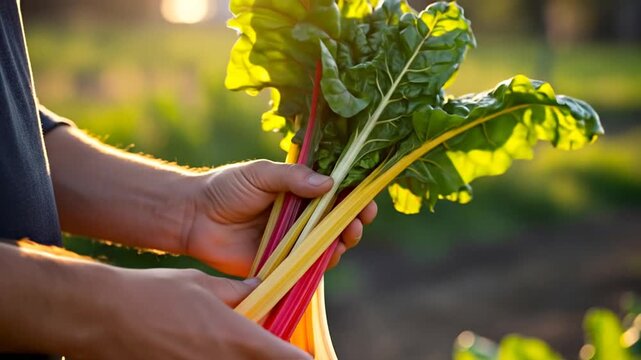 A farmer holding a freshly harvested bunch of colorful rainbow chard in a sunlit garden.