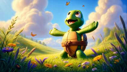 3D illustration of a cute and happy cartoon turtle standing on a green blooming meadow with its arms outstretched and enjoying life. Vector graphics. EPS.