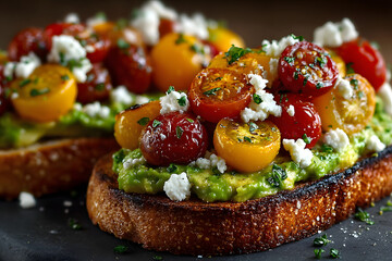 Sourdough toast topped with creamy avocado, heirloom cherry tomatoes, and tangy feta evokes summer solstice brunch and Mediterranean harvest