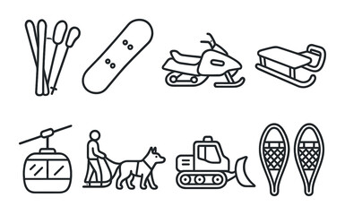 Winter sports and activities icons: skiing, snowboarding, snowmobiling, and more