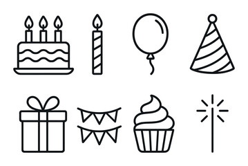 Simple birthday icons: cake, candle, balloon, hat, gift, banners, cupcake, sparkler