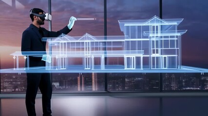 Architect wearing a vr headset interacting with a holographic house model in a modern office at night, highlighting innovative virtual reality in architectural design - Powered by Adobe