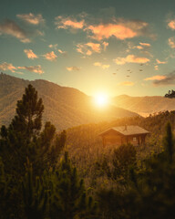 A serene mountain landscape at sunset with a cabin and pine trees.