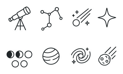 Astronomy icons featuring telescope, constellation, comet, star, lunar phases, planet, galaxy, asteroid
