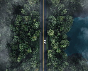 Aerial view of a car driving on a road through a dense forest with fog.