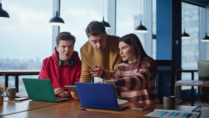 Corporate ceo consulting colleagues at modern workplace closeup. Office team