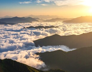 Sunrise over mountain valley shrouded in clouds