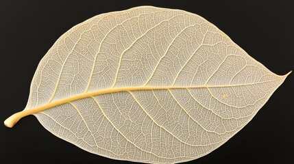 Obraz premium Detailed Skeleton Leaf Macro Photography, Beige Leaf Vein Texture on Black Background