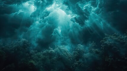 Fototapeta premium Sunbeams pierce a deep teal underwater landscape, illuminating submerged foliage.