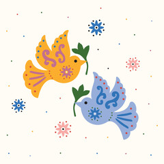 Two beautiful cute colorful isolated flying birds with open wings and leaves on beige dotted and flowers background card