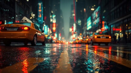 Yellow cabs driving on a wet street in Times Square, New York City, at night, with blurred lights in the background