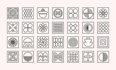 Black linear square geometrical isolated and modern sign and symbol icons set icons design elements set on light pink background
