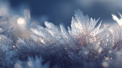 Close up of sparkling ice crystals glistening in sunlight, creating a magical winter scene