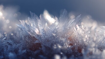 Macro photograph of ice crystals sparkling in the sun, creating a beautiful bokeh effect