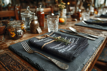 Kreidetafel für ein Tischgedeck zu einem Wildessen
