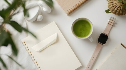 balanced lifestyle flat lay, notebook, matcha tea, black tea, headphones, smart watch, clean minimal desk setup
