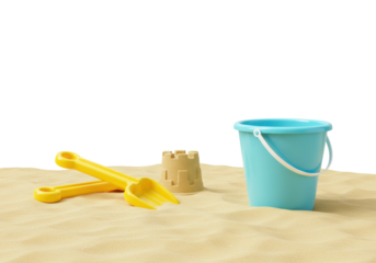 Building sandcastles with buckets and shovels on the beach outdoor fun family activity summer vibes. Cut out PNG