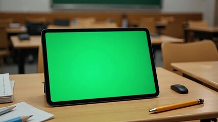 Digital learning unfolds with a green screen tablet on a classroom desk, ready for interactive educational content creation. - Powered by Adobe