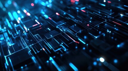 Complex network of glowing lines and cubes representing data flow, artificial intelligence or futuristic technology