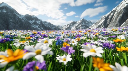 Obraz premium Vibrant Wildflower Meadow Against Majestic Mountain Peaks