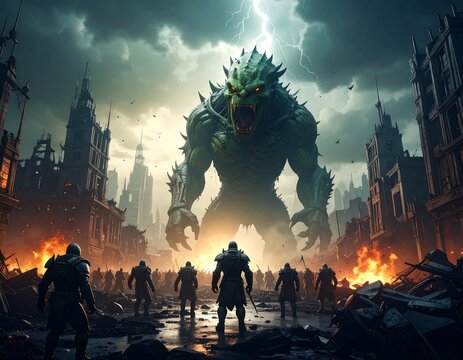 Giant monster attacks ruined city - Powered by Adobe