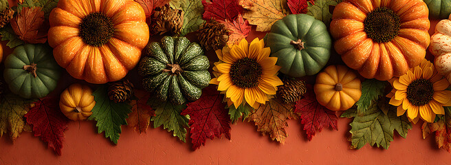 Fototapeta premium Autumn festive background. Joyful banner with warm seasonal colors, composition of pumpkins, fall leaves and sunflowers. Thanksgiving season banner.