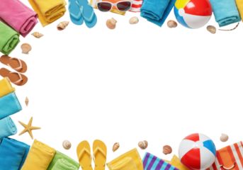 Summer fun essentials beach towels flip flops and accessories for a perfect day at the shore. Cut out PNG