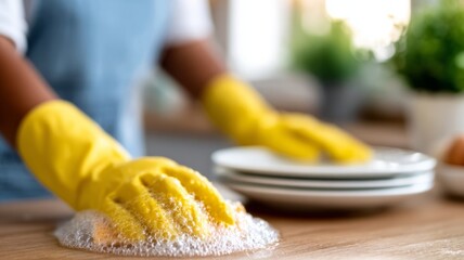 Hands in yellow rubber gloves washing dishes with soap suds in modern kitchen — hygiene, cleaning, household concept
