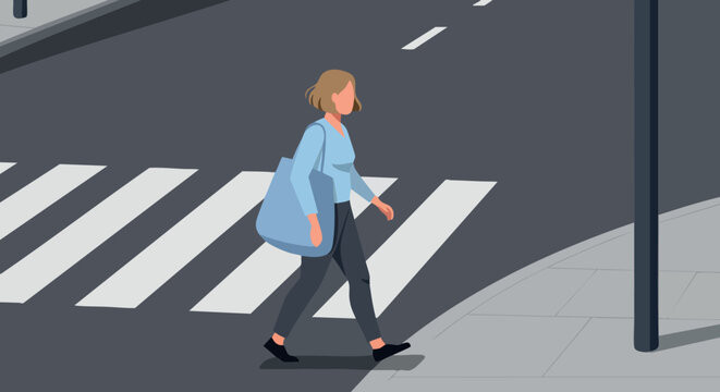 Woman crossing street at pedestrian zebra crossing urban city road vector illustration 