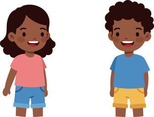 Smiling children boy and girl casual summer clothing standing together vector illustration 