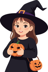 Girl Wearing Black Witch Costume Holding Halloween Pumpkin Lanterns Vector Illustration 