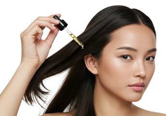 Obraz premium Applying hair oil treatment for healthy hair shine beauty studio tutorial video bright environment hair care. Cut out PNG