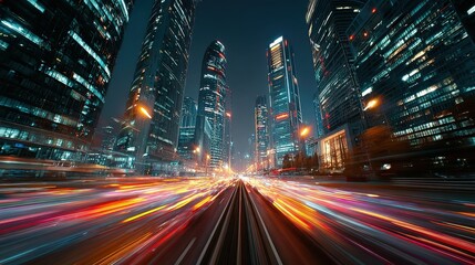 Light trails on highway with skyscrapers and fast cars at night in a big city