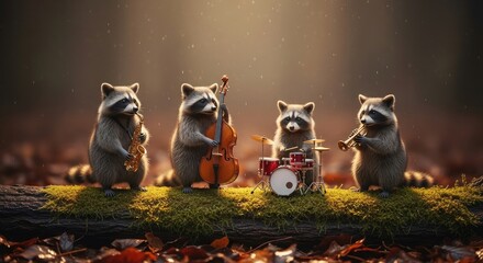 Raccoons playing musical instruments in forest band outdoors
