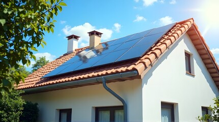 Eco-friendly home with solar panels generating clean energy on sunny day for sustainable future