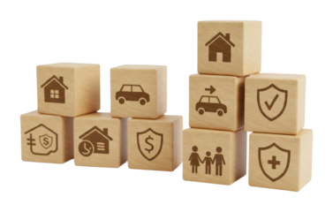 Building your future financial planning blocks for home car and health security. Cut out PNG