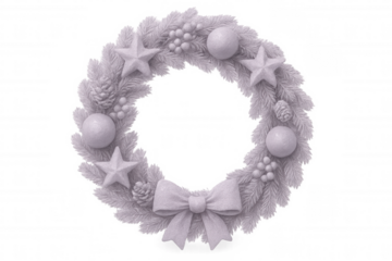 3d rendering of a christmas wreath with glitter stars, baubles, pine cones, and a bow on a transparent background