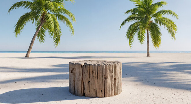 Estante de madera r&uacute;stica es la playa con dos palmeras al fondo