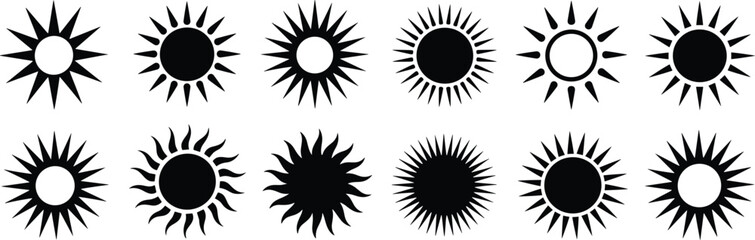 Collection of decorative sun icon vector illustrations, black and white solar symbols, abstract sunshine designs, summer and weather graphic elements, isolated artistic set
