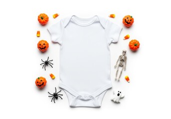 Blank Baby onesie Mockup. festive flat lay mockup of blank white baby bodysuit with copy space for logo, text, or graphic for showcasing custom designs for Halloween or autumn