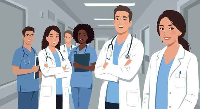Medical team group of diverse doctors and nurses in hospital corridor vector illustration 