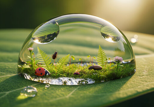 A highly detailed macro illustration of a microecosystem inside a dewdrop resting on a green leaf